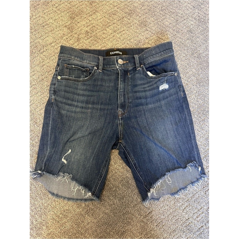 Express Womens Bermuda High Rise Distressed Denim Shorts Medium Wash Blue 10